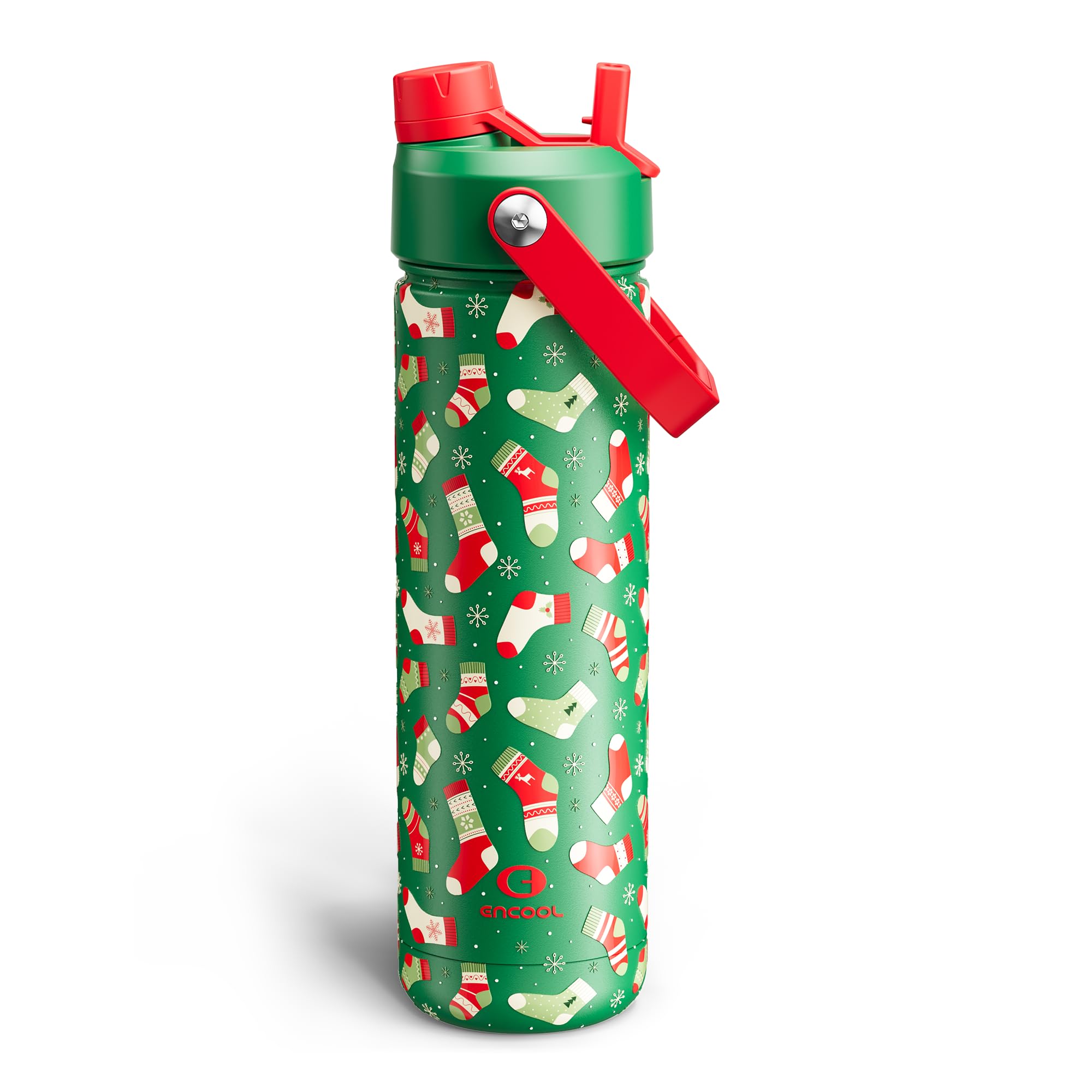 ENCOOL Christmas Insulated Water Bottle with Straw, Stainless Steel Water Bottle, Leak Proof BPA-Free, Keeps Cold for 24 Hours for Sports, Christmas Holiday Gifts for Women, 26 oz, Jolly Sock
