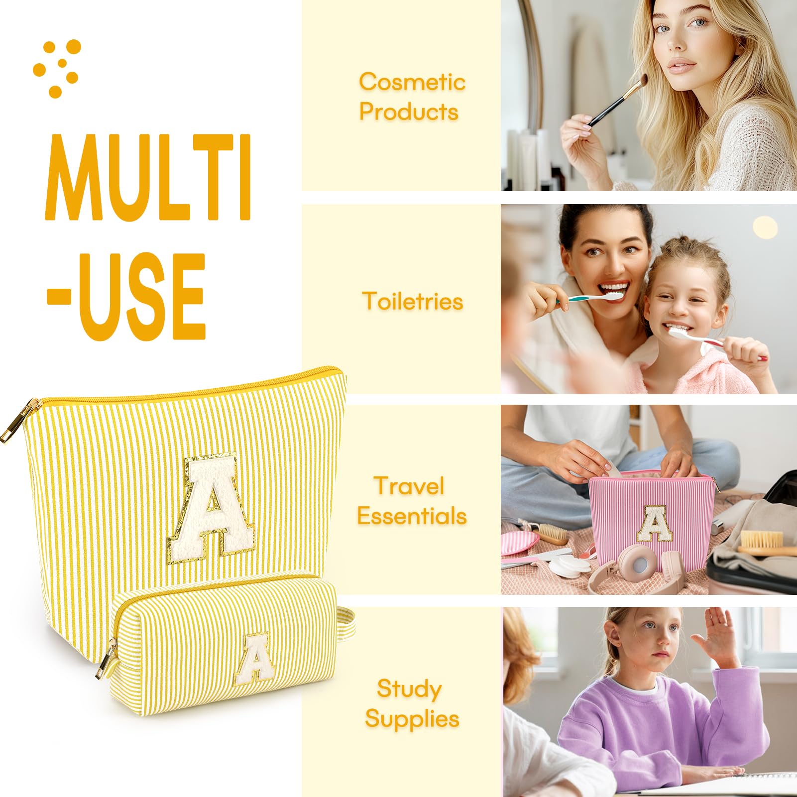 mibasies 2 PCS Initial Makeup Bags: Mothers Day Gifts for Women - Best Friend Birthday Gifts Graduation Gifts Wedding Bridesmaid Girlfriend Wife Daughter Sister Girl Gifts - Yellow M