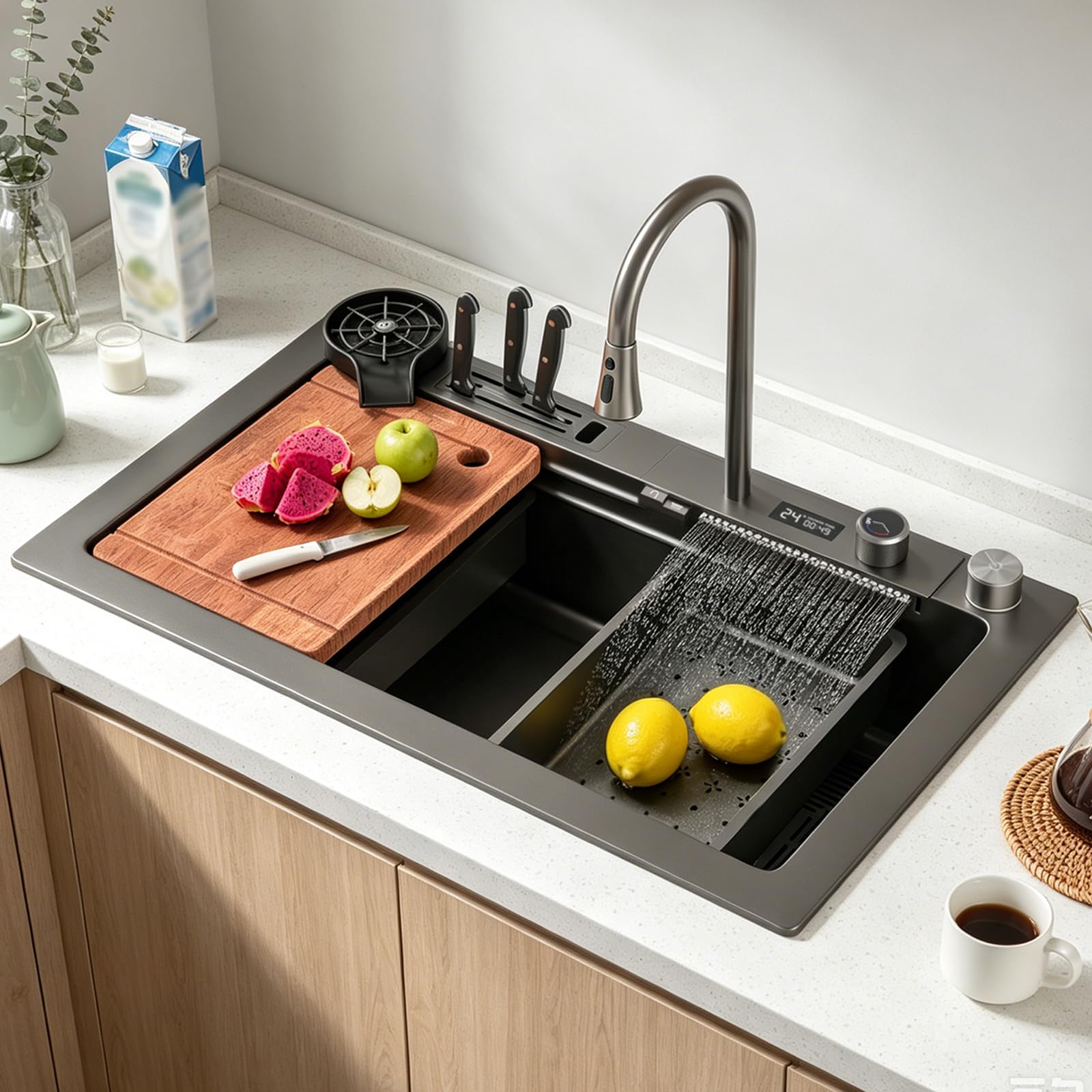 ZQFHSX Stainless Steel Waterfall Kitchen Sink Combo With Pull-Out Faucet Nano-Coated Topmount Single Bowl Workstation Accessories, Pressure Pot Washer, Cutting Board, Draining Basket(Black-Grey,75x