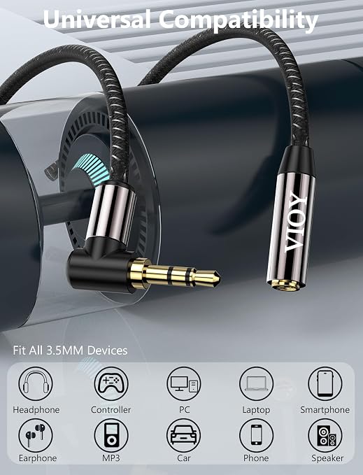VIOY Headphone Extension Cable (10FT+10FT) 3.5 mm Audio Extension Cable-Aux Cord Extender 90-Degree Right Angle Male to Female Stereo Audio Cable Nylon Braided for Smartphones, Media Player miniatura 4