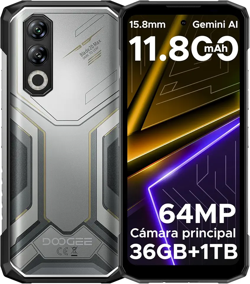 DOOGEE Blade 20 Max Telefono Movil Irrompible, 36GB+1TB/2TB Móvil Resistente 11800mAh/33W, Helio G100 Teléfono NFC, 6,6" 120Hz Moviles Rugerizado Android 15, 64MP+20MP+16MP, 4G Dual SIM/Face ID Movils