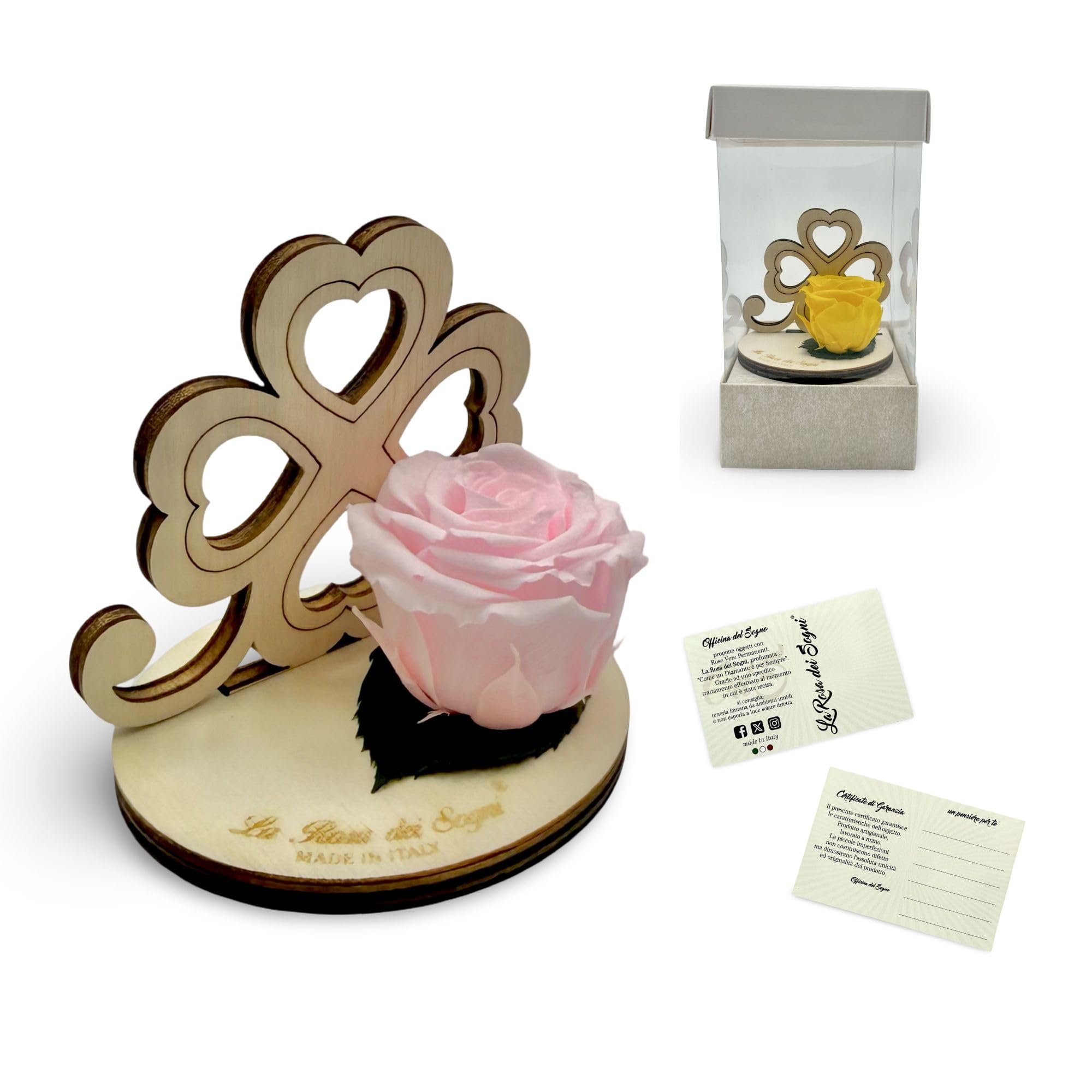 Rosa Stabilizzata con Quadrifoglio in Legno Intaglio Laser – Fiore Naturale a Lunga Durata - Made in Italy (Rosa)
