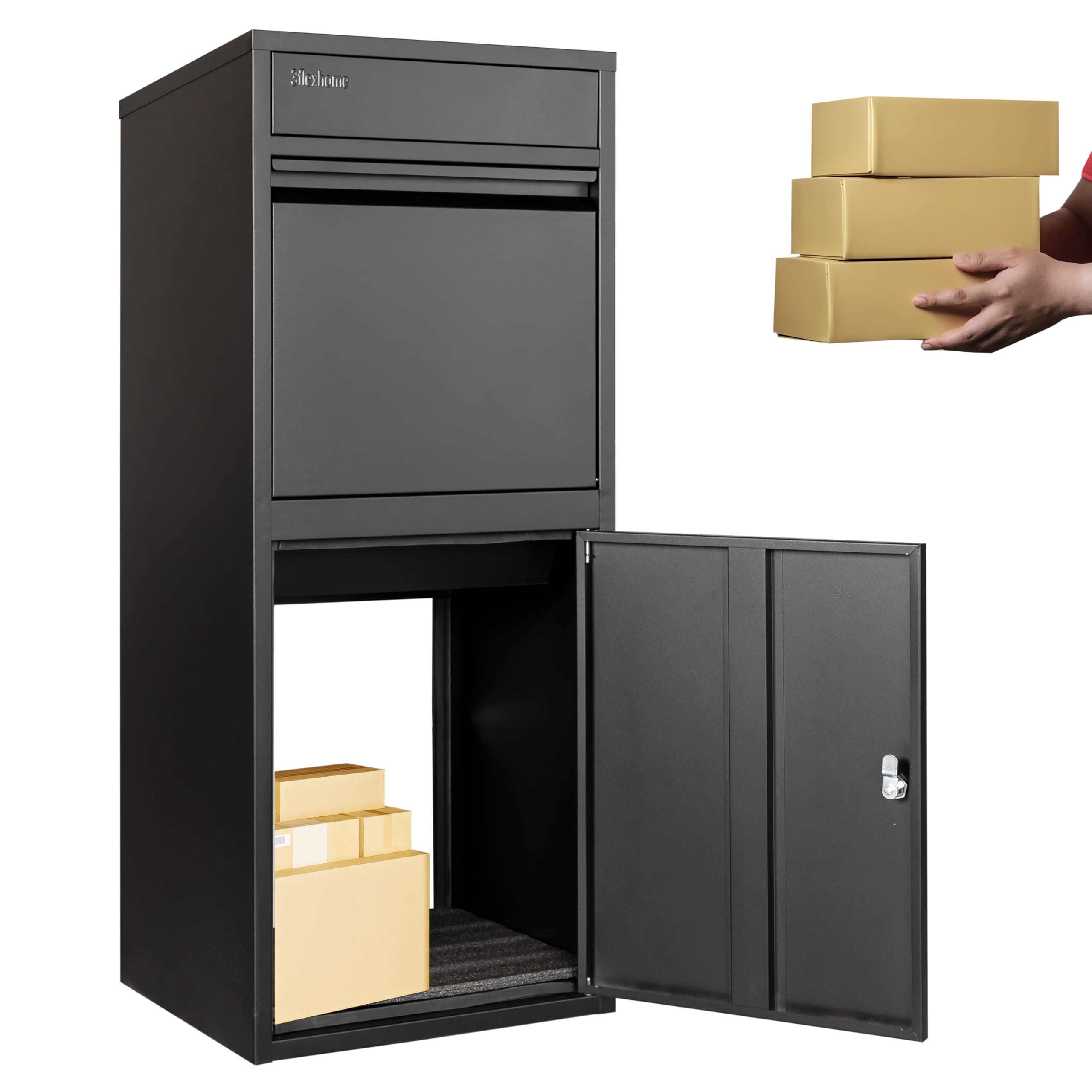 3Flexhome Black Extra Large Parcel Delivery Box With Secure Rear & Front Access - Large Parcel Drop Box, Lockable Outdoor Delivery Box, Durable Weatherproof Parcel Drop Box For Multiple Packages (Black)