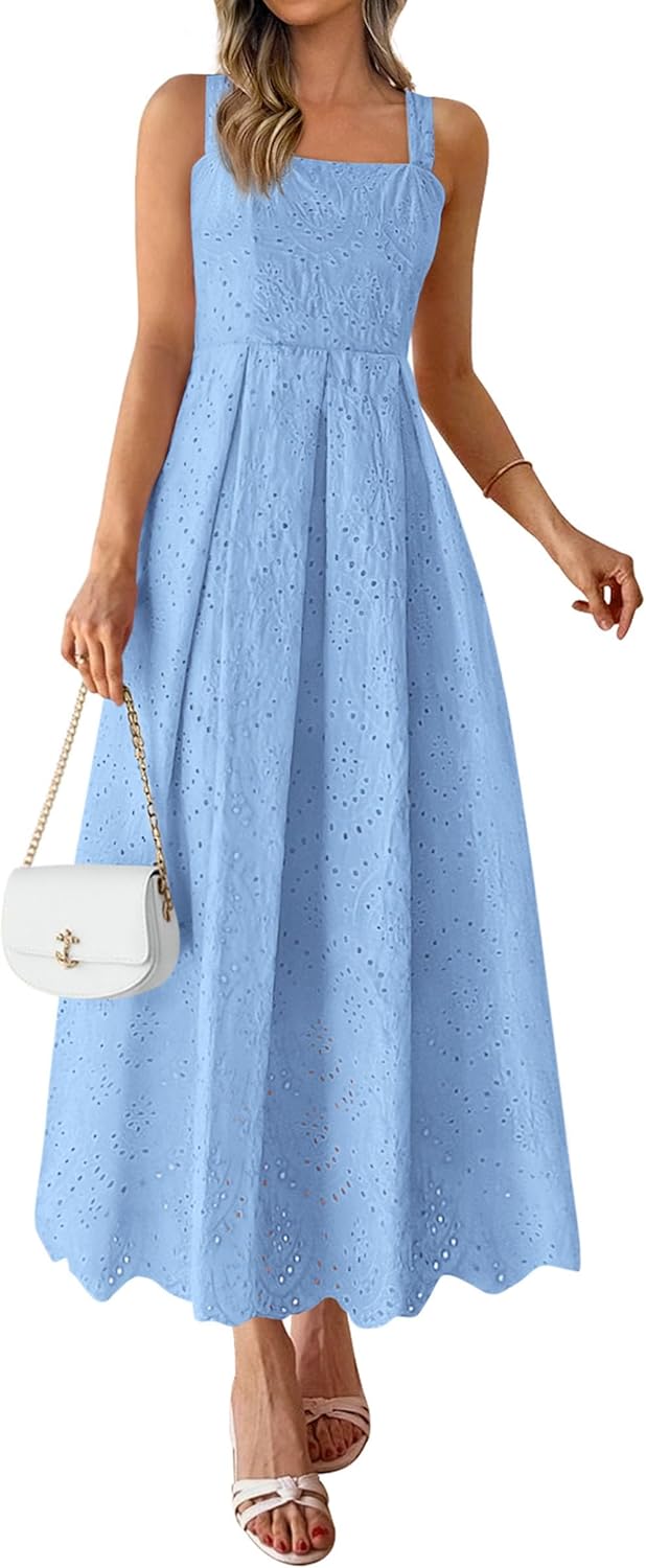 PRETTYGARDEN Womens Sleeveless Maxi Summer Dresses 2026 Hollow Out Eyelet Square Neck Ruffle Flowy Beach Vacation Sundress