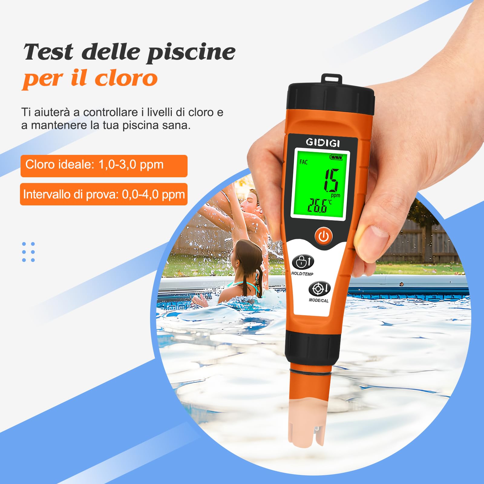 Tester pH e cloro per piscine, misuratore di sale per piscine | Misuratore 7 in 1 per acqua con funzione pH ORP cloro EC TDS temperatura per acqua di piscina, idromassaggio, Acqua domestica