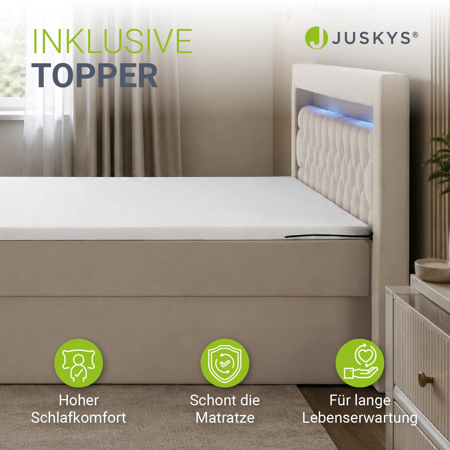 Juskys Boxspringbett Leona 180x200 cm - Bett mit LED Beleuchtung, Topper & H4 Federkern Matratzen - Doppelbett mit Samt und Steppung - Beige