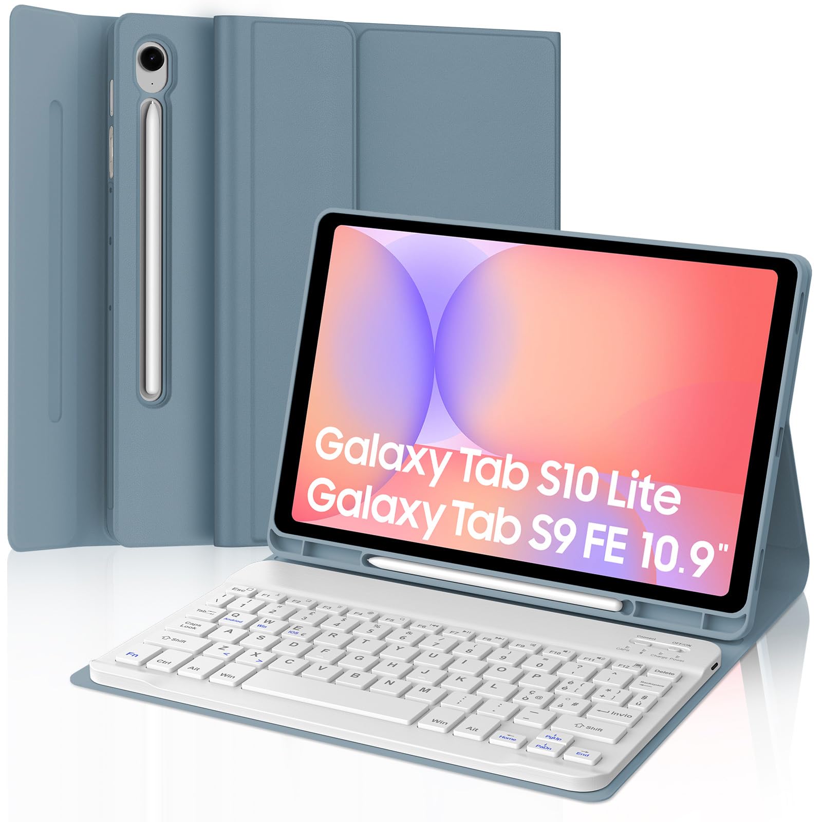 IVEOPPE Cover Tastiera per Samsung Galaxy Tab S10 Lite/S9 FE/S10 FE 10.9"/S9 11", Tastiera Italiano QWERTY Bluetooth Senza Fili Staccabile, Custodia con Portapenna, Grigio-blu