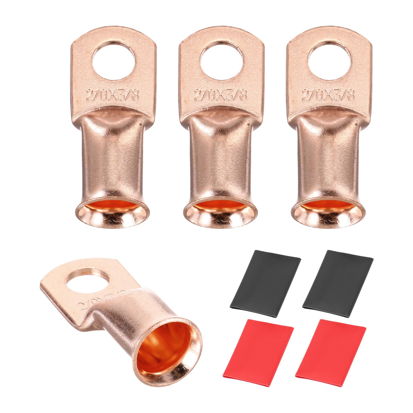 sourcing map 4pcs 2/0 AWG M10 Battery Lugs Ring Terminals, 3/8" 10mm Stud Crimp Wire Terminal Connector End Copper, 3:1 Heat Shrink Tubing, Gold — image 1