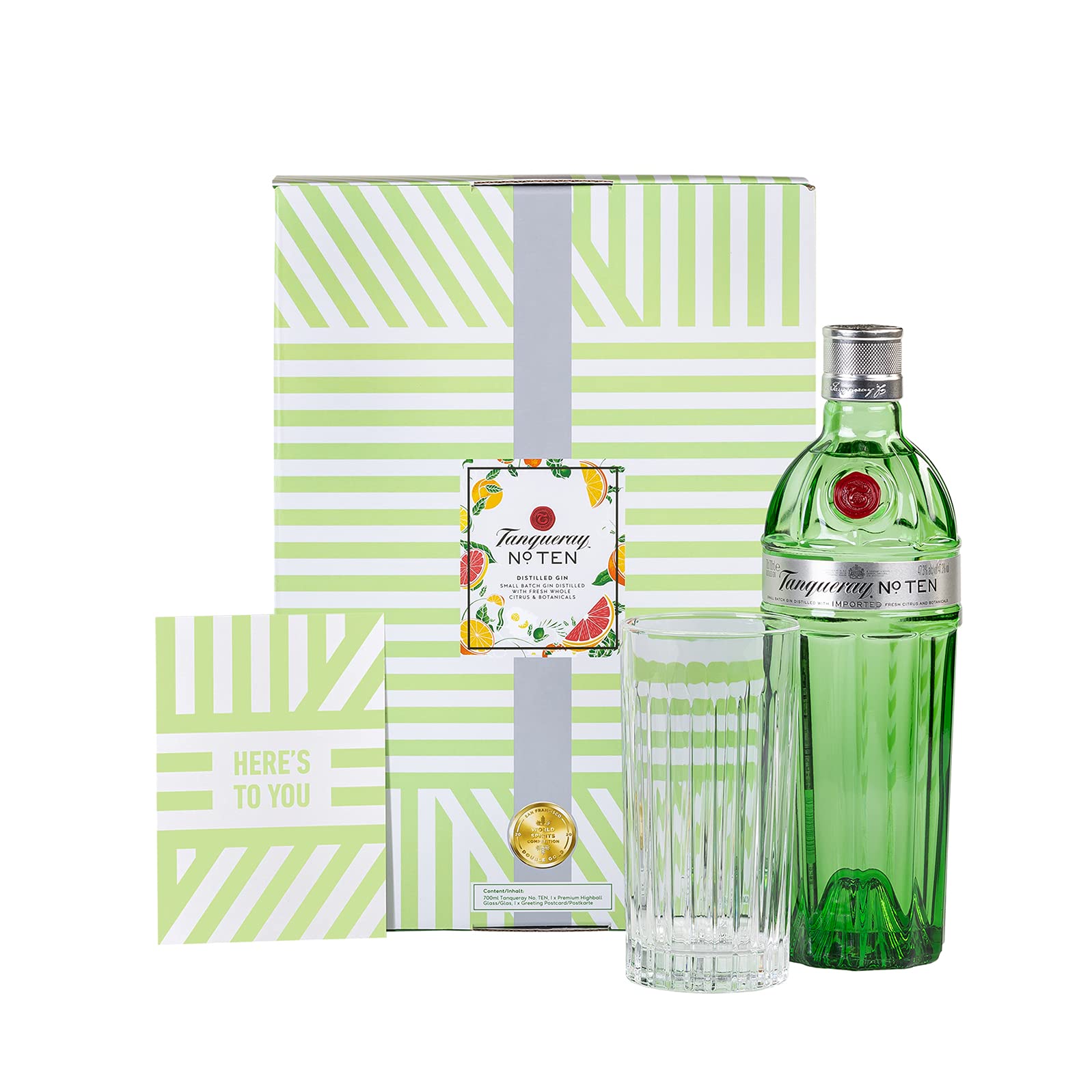 Tanqueray No.Ten, Premium Gin, im hochwertigen Geschenkset mit Glas & Grußkarte, handverlesen auf englischem Boden, 47,3% vol, 700ml Einzelflasche |