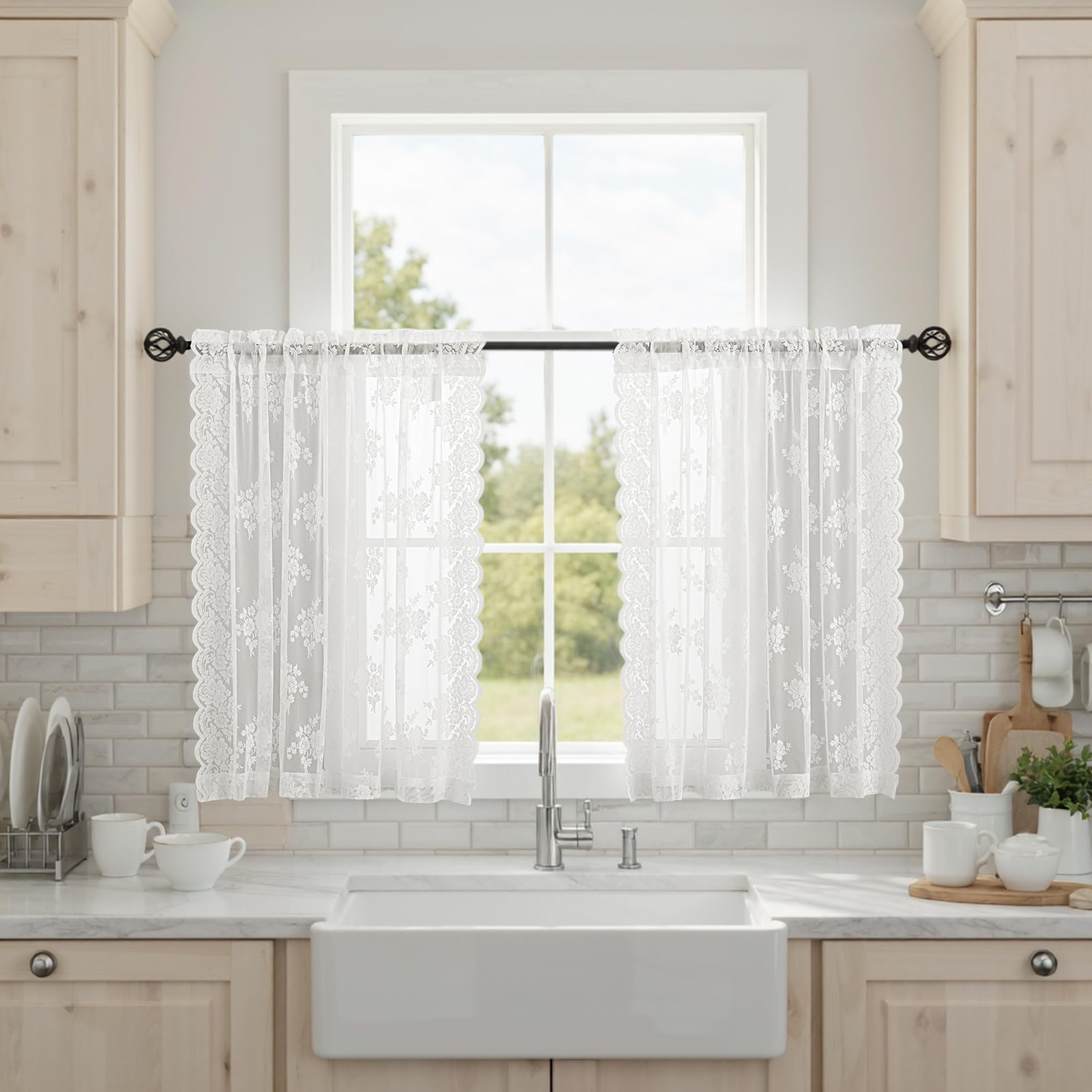 Kotile Short Lace Curtains 36 Inch Length 2 Panels Set, Country Rustic Floral Lace Kitchen Window Curtains Over Blinds, Rod Pocket Privacy Vintage Sheer Lace Café Curtains, Each 52 x 36 Inch, Ivory