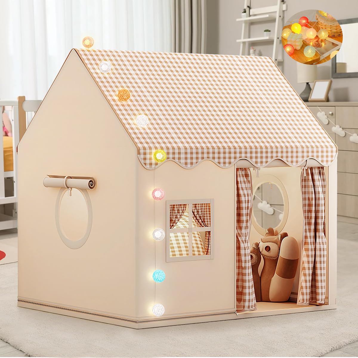 Large Kids Tent Playhouse Indoor Outdoor with LED Lights Kids Toddler Play Tent,Outdoor Playhouse for Baby Princess Castle Tent,Indoor Play Room Toys for Boys Girls 3-10 Years Old (Beige A)Large Kids Tent Playhouse Indoor Outdoor with LED…