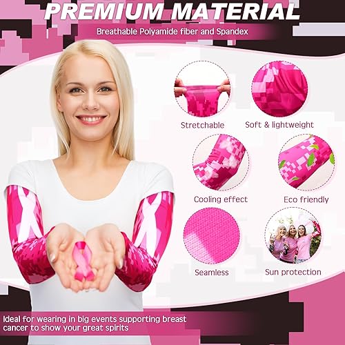 Miniatura 3 de Geyoga 3 pares de mangas de concientización sobre el cáncer de mama, mangas de brazo de compresión de enfriamiento con cinta rosa, protección UV