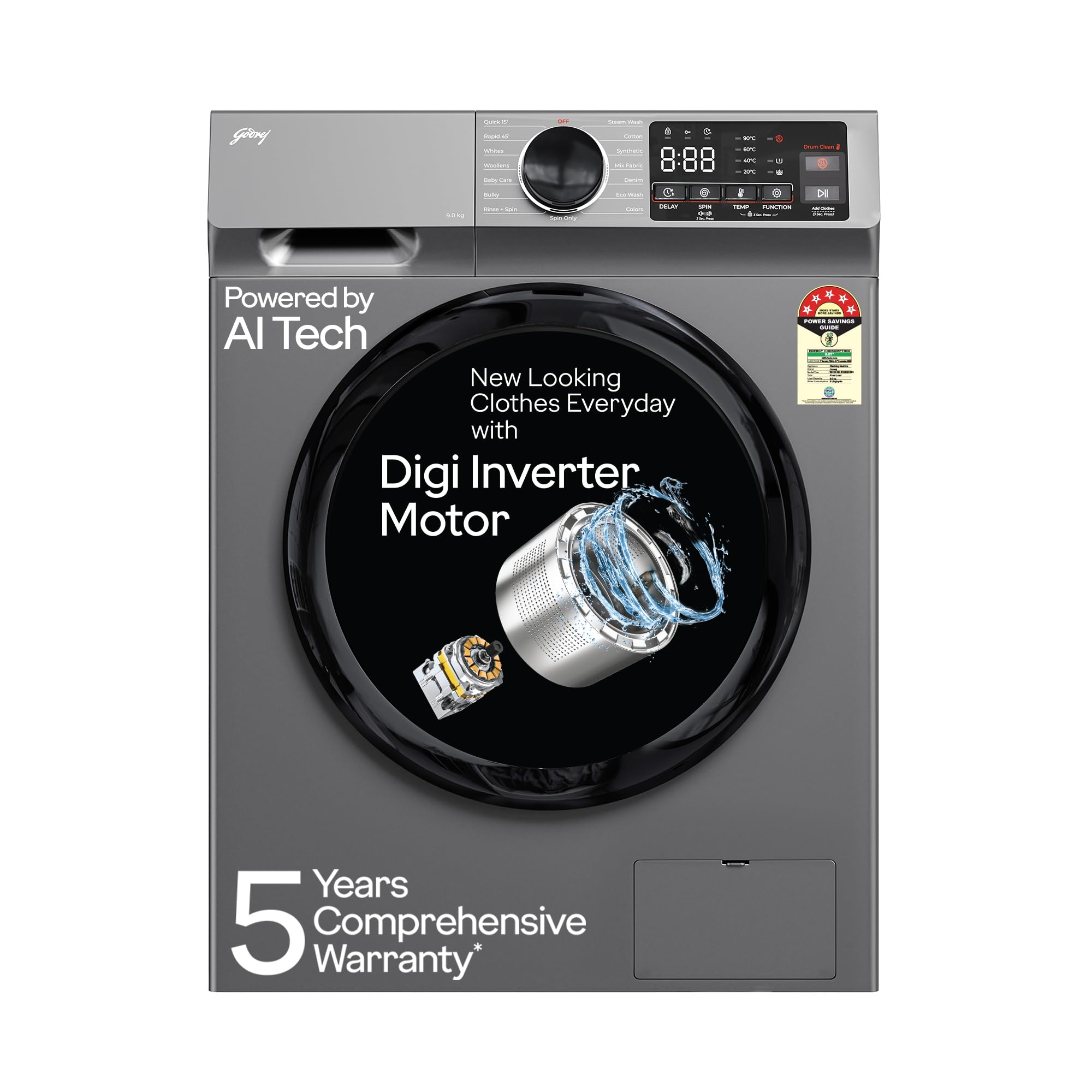 Godrej 9 Kg 5 Star, 5 Years Comprehensive Warranty, AI Powered, Steam Wash, Pause The Cycle, Digi Inverter Fully Automatic Front Load Washing Machine (WFEON CEL 9014 IEBT SLSR, Silver Stream)