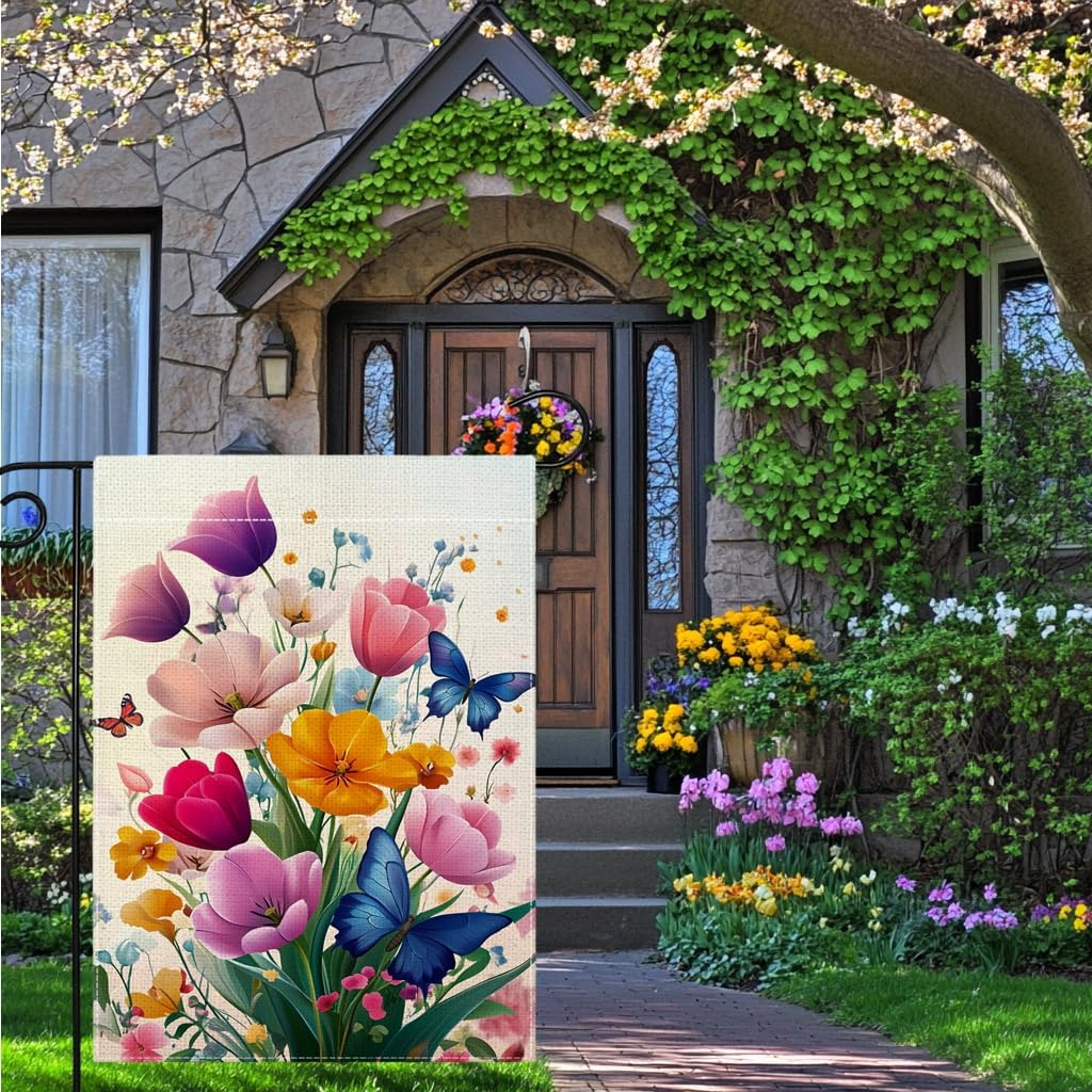 Spring Colorful Floral Garden Flag 12x18 Inch Double Sided Summer Butterfly Tulip Flower Yard Outdoor Flag House Holiday Outside Decoration - Image 2