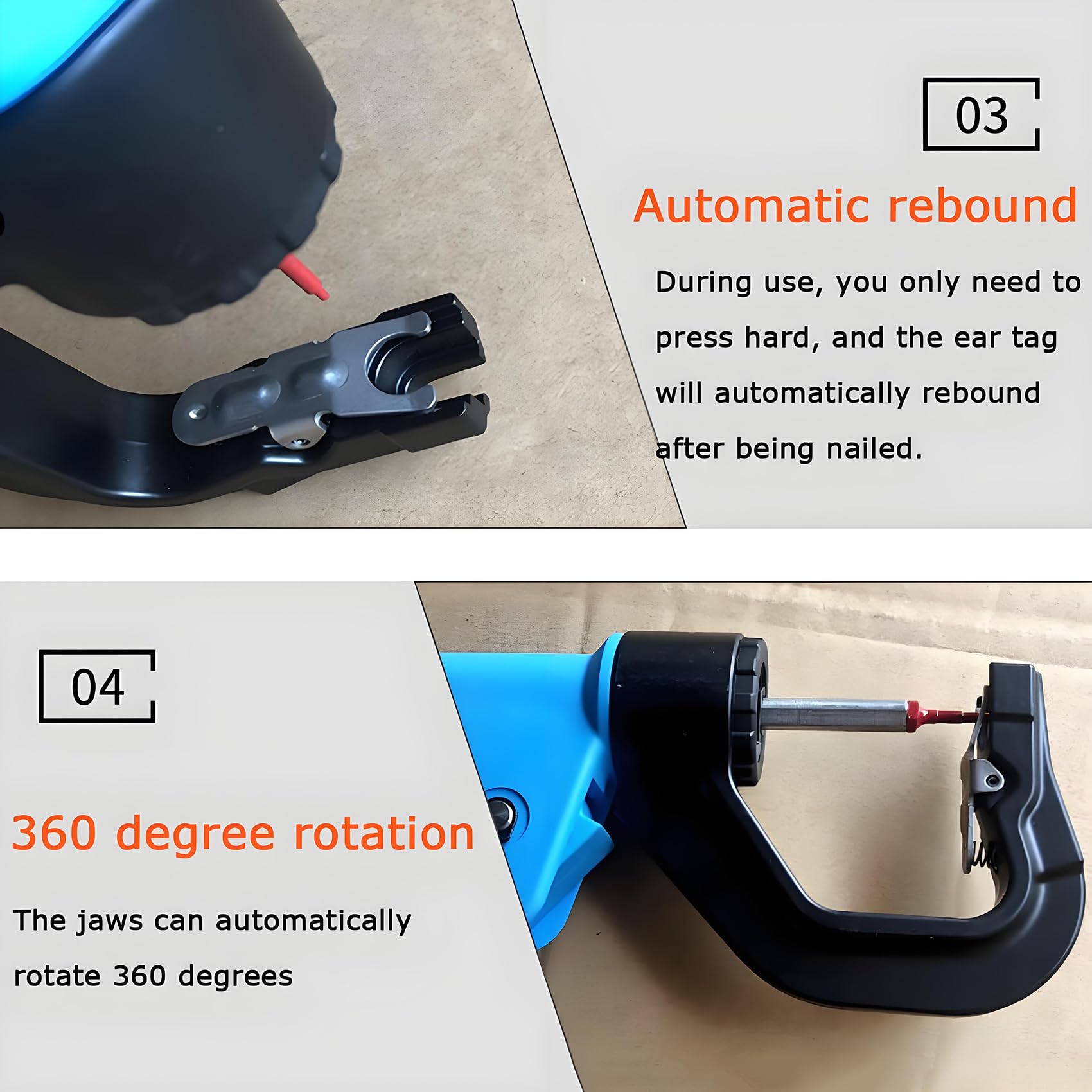 Pinza per etichette auricolari, applicatore automatico di rimbalzo per bestiame, design verticale con ganasce girevoli, ideale per maiali, pecore e capre