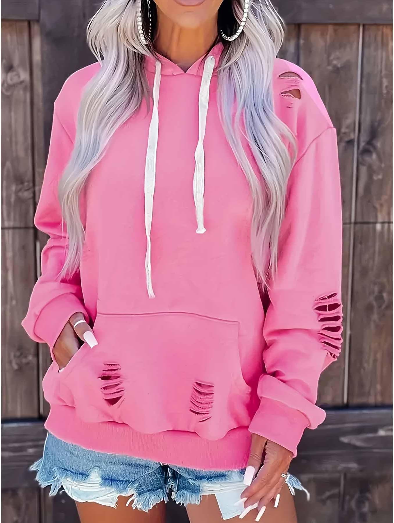Womens Plus Size Ripped Hoodies Button Collar Drawstring Hooded Pullover Sweatshirt with Pocket