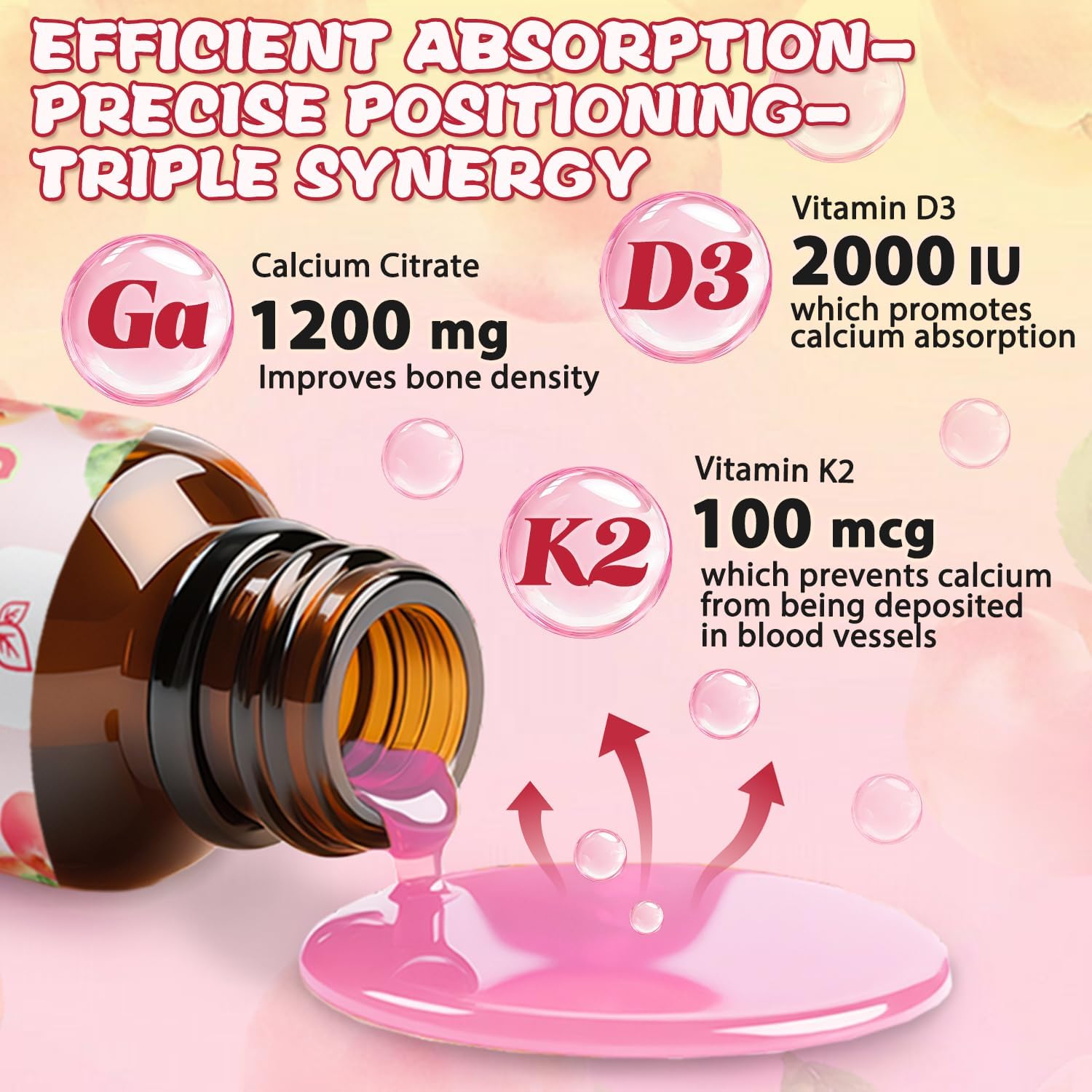 Liquid Calcium Citrate Drops,Calcium 1200 Mg with Vitamin D3 and K2 for Women & Men.Supports Bone Muscle & Teeth - Natural Peach Flavor,2 Fl Oz- 30 Day Vegan Supply - Image 2