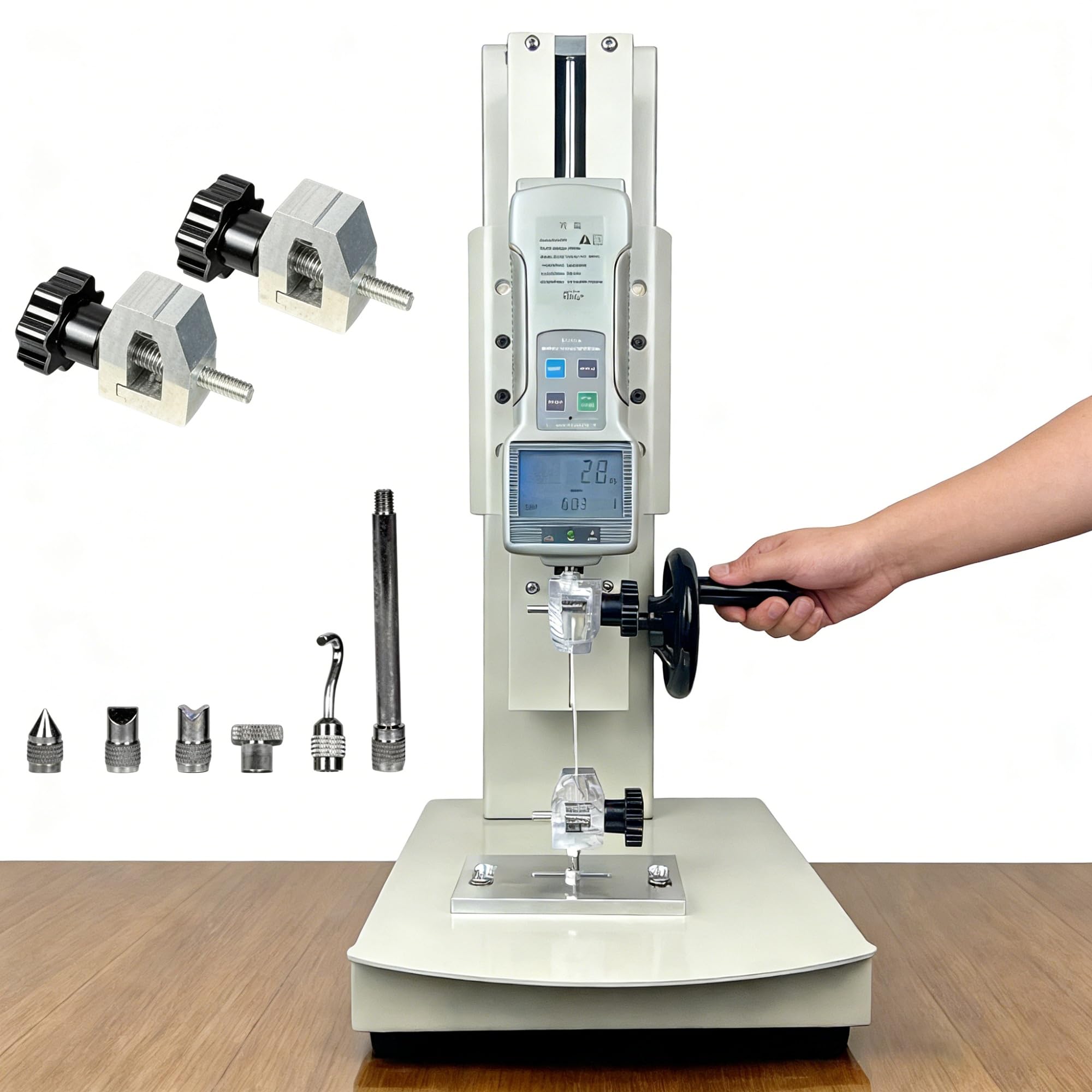 Tensile Testing Machine, Digital Pull Force Tester, 10-100N High Precision Digital Force Gauge Push Pull Gauge Tester, 270mm Stroke, 5 Probes, 2 Clamp, For Compression,Tension Testing