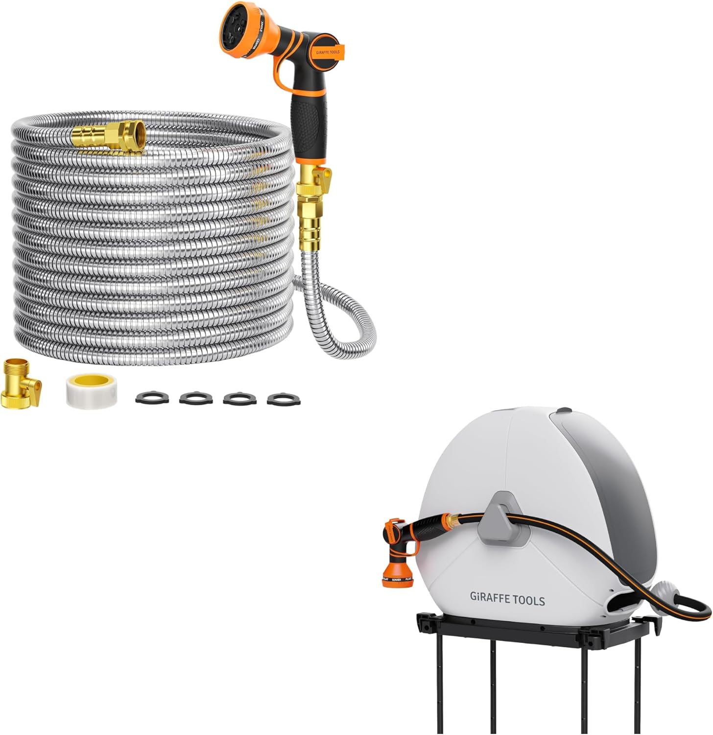 Giraffe Tools Retractable Hose Reel 1/2 Inch x 82FT, Ground Mount, Automatic Rewind, Any Length Lock and Garden Hose 100ft x 5/8", 304 Stainless Steel Metal Water Hose, No Kink, 9 Pattern Spray Nozzle