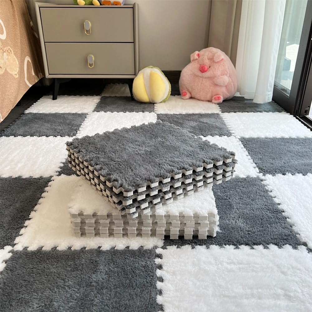 12pcs Carpet Squares Puzzle Floor Mat, Plush Interlocking Carpet Tiles, Anti Slip EVA Foam Jigsaw Floor Tiles, Build A Safe Area for Bedroom Playroom (White+Grey) — image 1