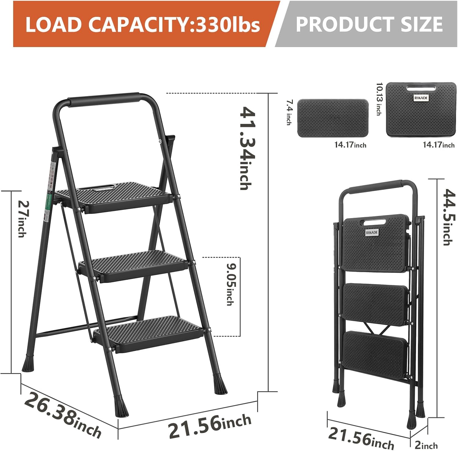 3 Step Ladder, RIKADE Folding Step Stool, Step Stool with Wide Anti-Slip Pedal, Lightweight, Portable Folding Step Ladder with Handgrip, Multi-use Steel Ladder for Household and Office - Image 2