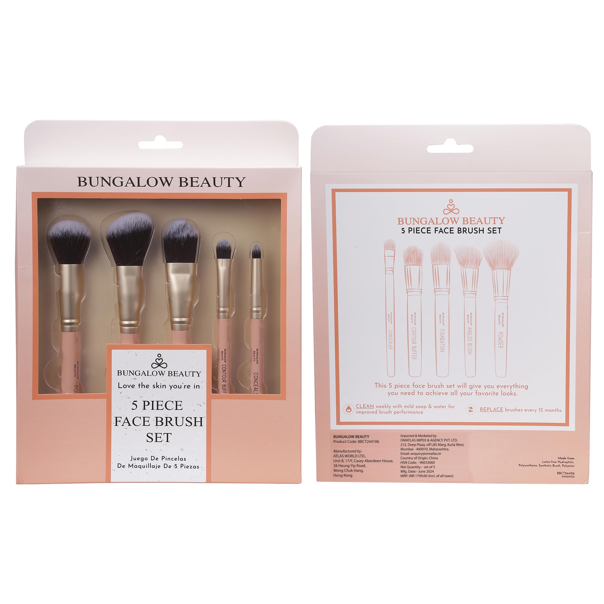 BUNGALOW BEAUTY Premium Makeup Brush Set of 5 | Face powder Brush Set | Angled Blush Brush, Foundation Brush, Contour Buffer Brush, Concealer Brush | 5pc Set | Easy To Hold | Precise Application For Face, Eyes & Brows | Reusable | Latex Free Hydrophilic Polyrethane | Synthetic Brush | Polyester