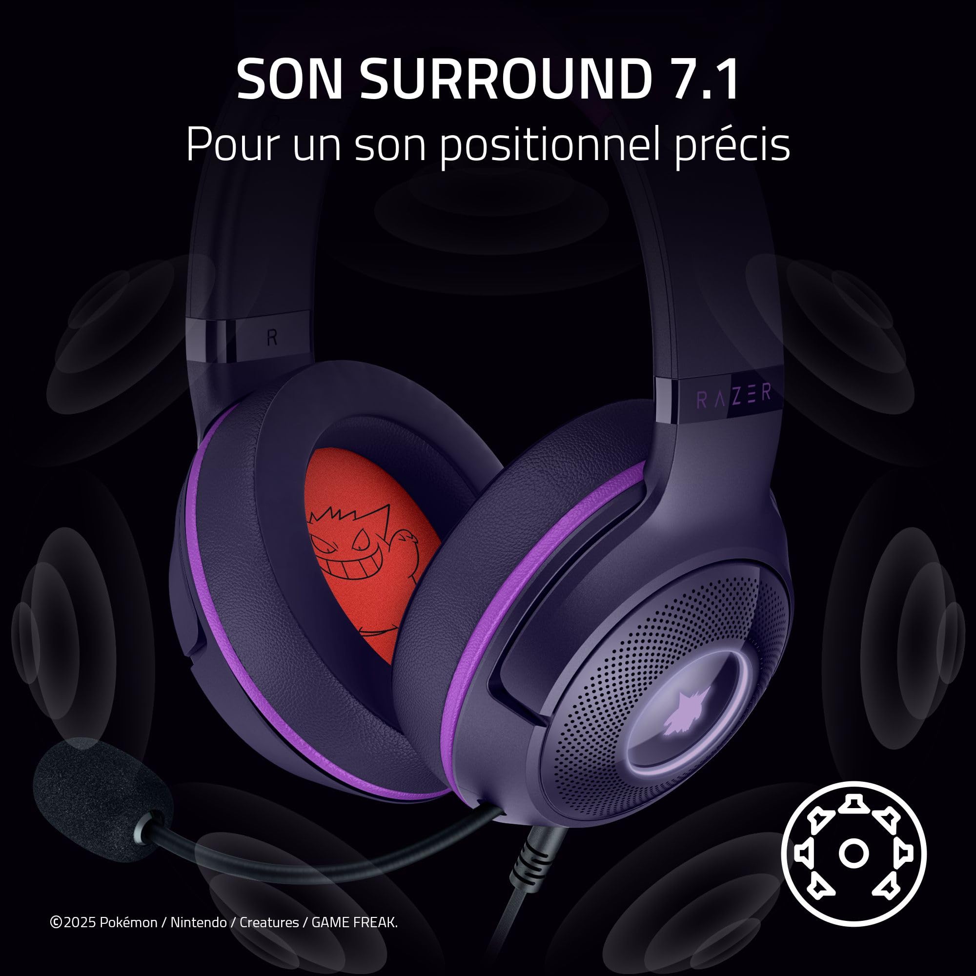 Razer Kraken Kitty V2 - Édition Gengar Pokémon - Casque USB - Pointes Gengar - Éclairage réactif au Stream - Microphone cardioïde HyperClear - Haut-parleurs Triforce 40mm - Son Surround | Violet