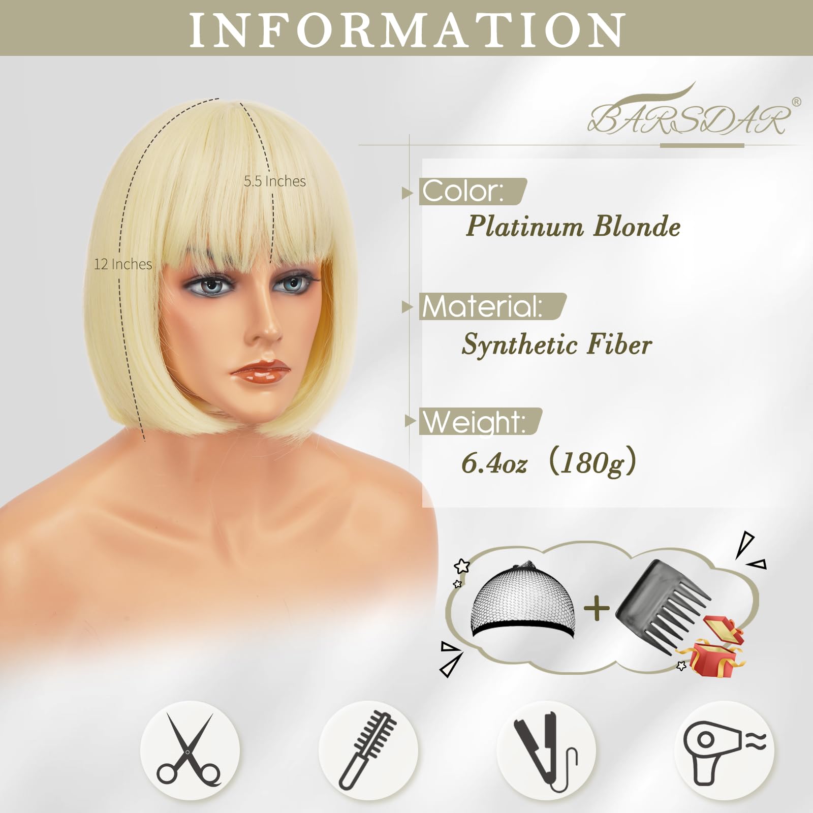 BARSDAR Kurze Blond Bob Perücke, Kurze Platinblond Bob Perücke mit Pony für Damen 30cm Kinnlang Natürlich Aussehend Weich Synthetische Haar Replacement Perücken Halloween Party Bobs Perücken