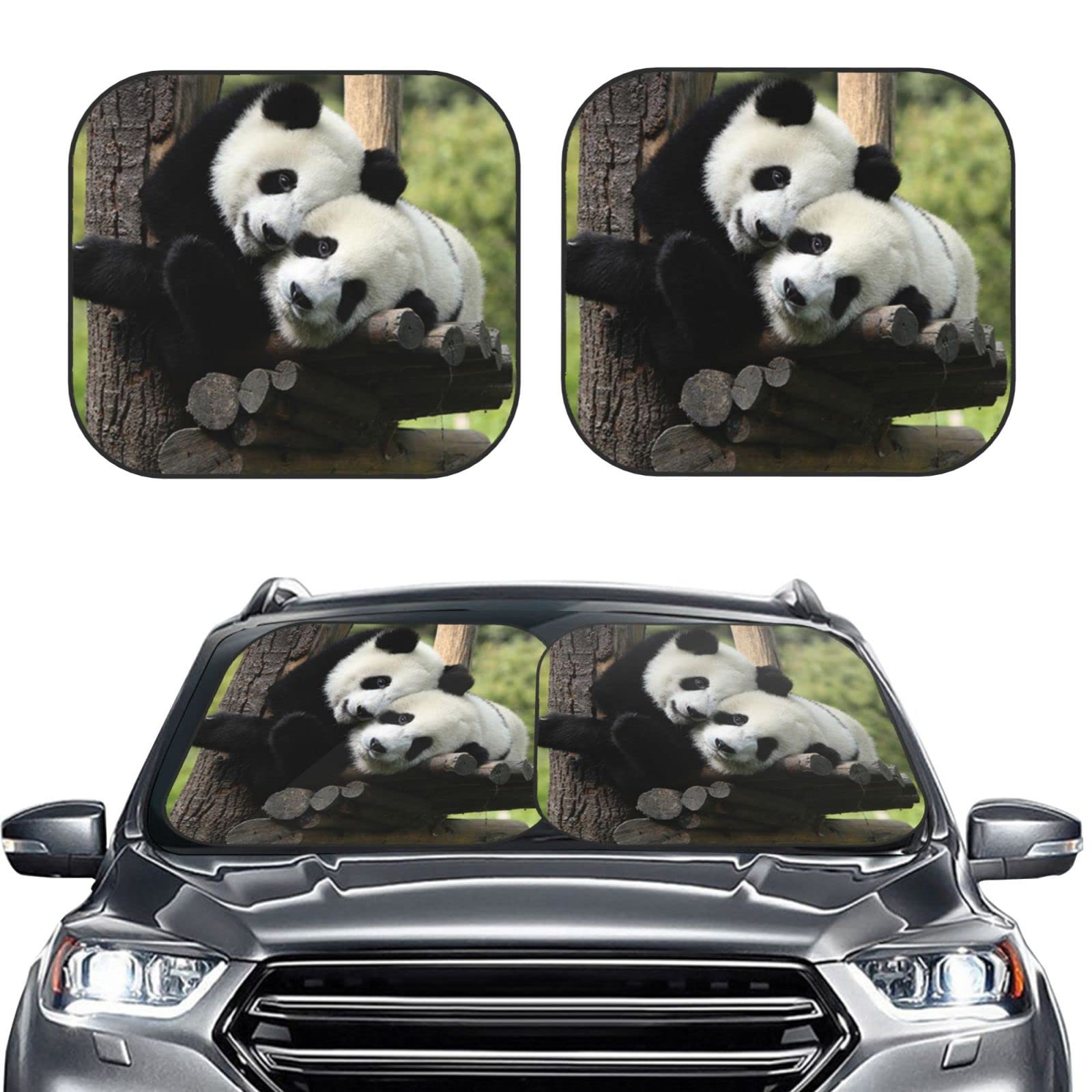 Auto-Sonnenschutz mit zwei großen Pandas-Aufdruck, faltbar, UV-beständig, hält das Auto kühl, geeignet für Autos, SUV und LKW
