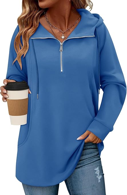 onlypuff Women Hoodie Pullover Trendy Quarter Zipper Lapel Sweatshirts Drawstring Cute Hooded Tunic Tops with Side Pockets
