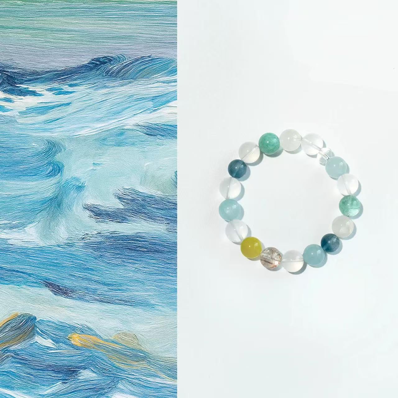 Pulsera Cuentas Pulsera De Cristal Blanco Aguamarina De 12mm Azul Y Blanco