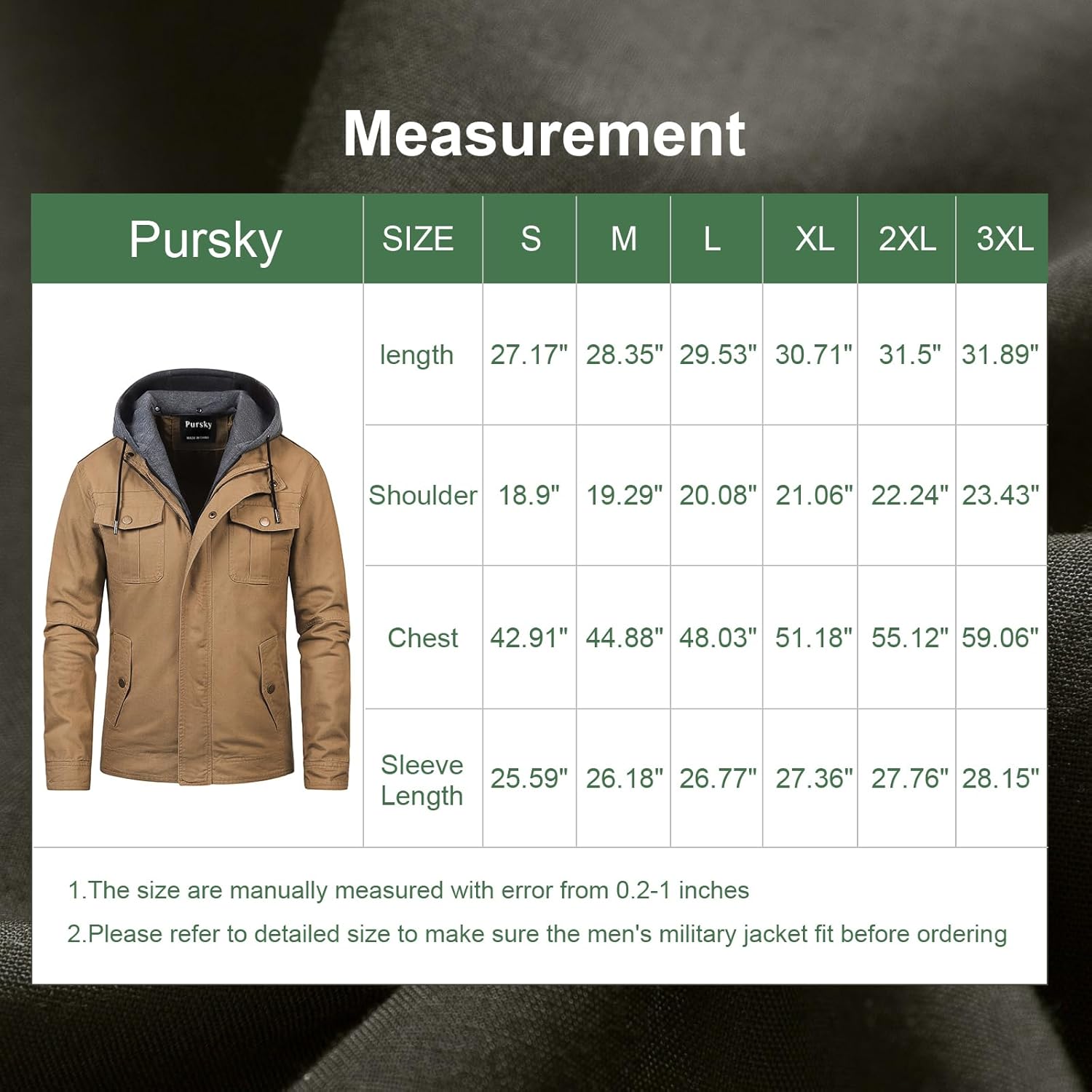 Pursky Men's Military Jacket Casual Washed Cotton Hooded Canvas Coat Fall Coat - Image 7