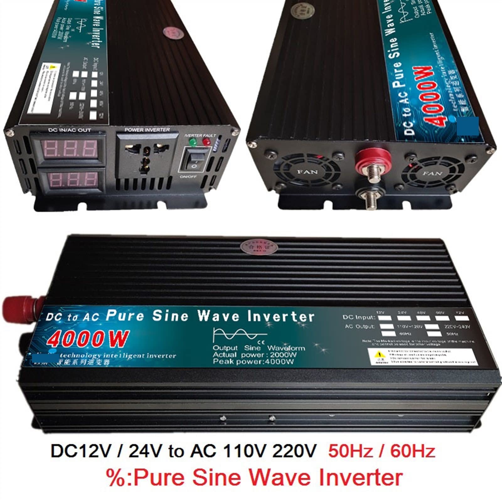 Falownik 4000W 5000W czysta fala sinusoidalna przetwornica DC12V 24V 48V 60V do AC 110 220 konwerter napięcia energii słonecznej samochód gospodarstwa domowego(4000W,110-120V 60Hz)