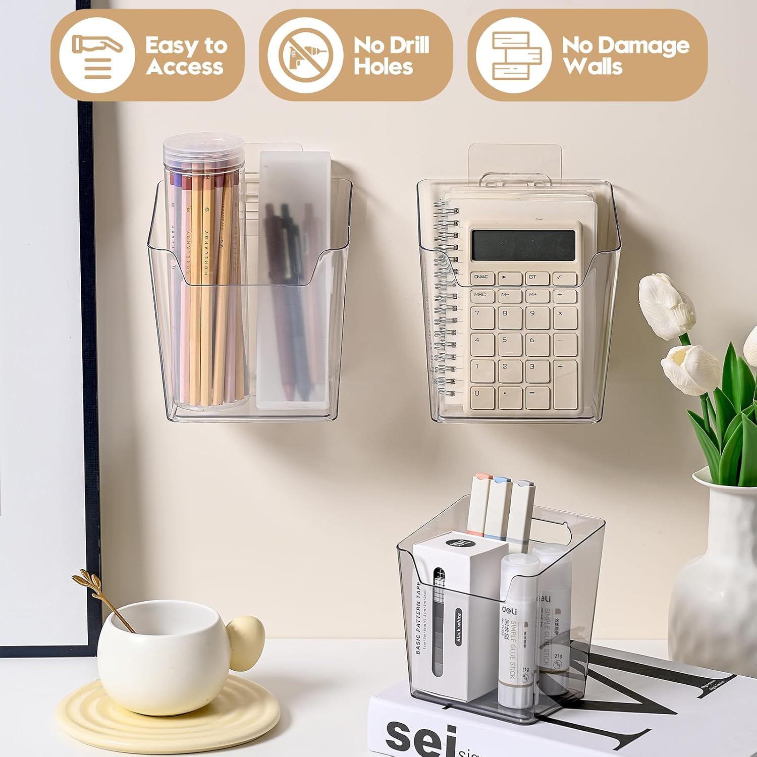 2-Pack Kitchen Cabinet Door Organizer Adhesive, Hanging Storage Bins, Stick on Small Wall Storage Container, Bathroom Floating Shelf Under Sink Caddy Spice Rack for Pantry Organizer, Office, Dorm - Image 4