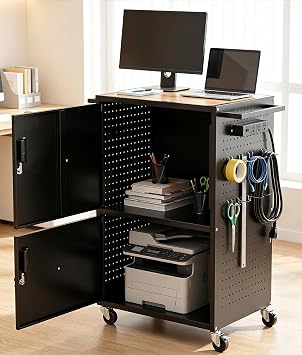 Heavy Duty AV Cart, Projector Media Cart with Lockable Storage Cabinet & Brake Wheels, Steel Rolling Computer Cart with Pegboard, Power Strip, Hooks&Cable Management Hole for School Office Server Room
