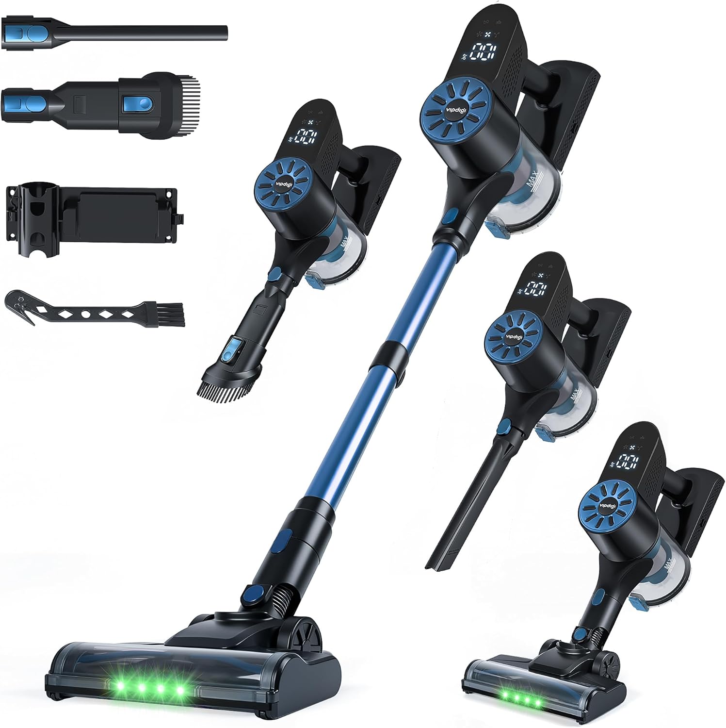 Cordless Vacuum Cleaner, Stick Vacuum with LED Display 50 Mins for Home, 6-in-1 Lightweight 1.2L Dust Cup, Washable HEPA Filter Vacuum for Hard Floors Carpet Pet Hair with Wall Mount, Blue