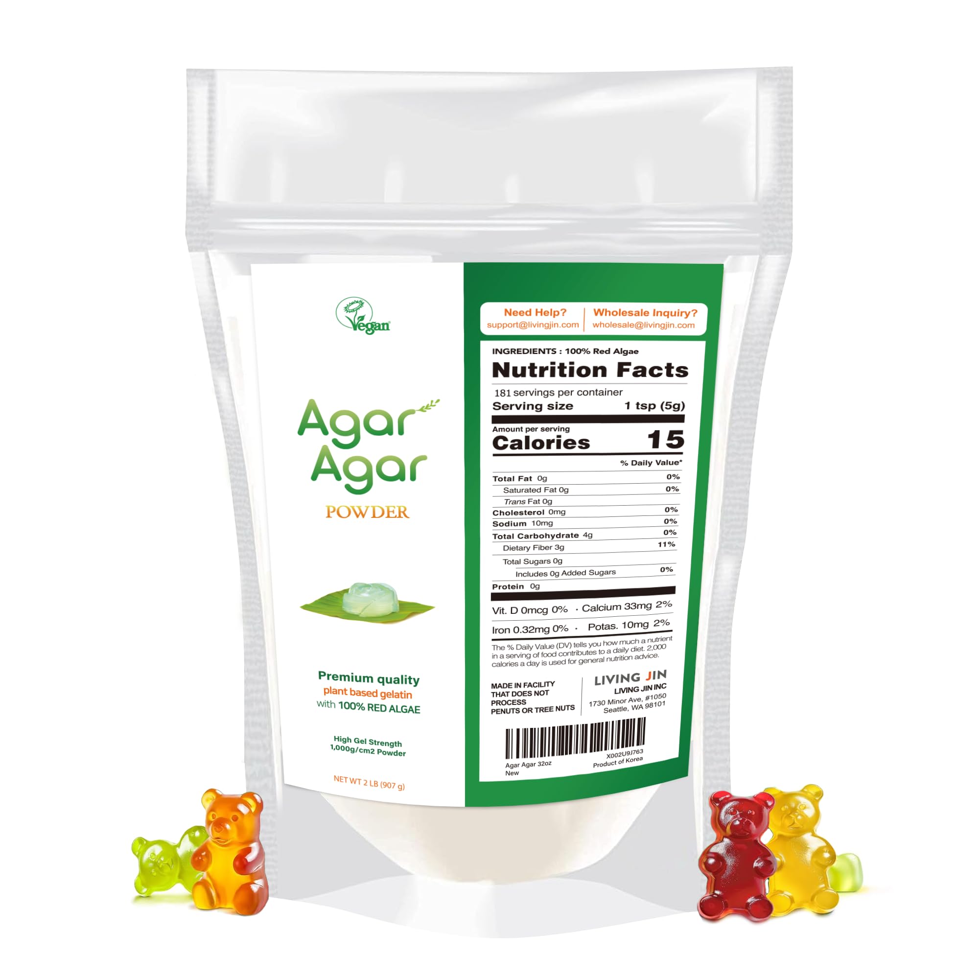 LIVING JIN Agar Agar Powder, 32 oz. Plant-Based Gelatin Powder, Vegan Agar Agar, Vegan Jello, Sugar-Free, 100% Natural Red Algae