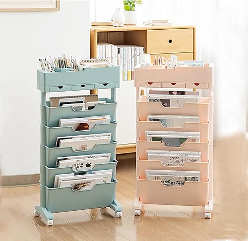 Miniatura 6 de Estantería móvil de 6 niveles con ruedas y 3 cajones, carrito de almacenamiento estrecho con ruedas para sala de estar, dormitorio, cocina,