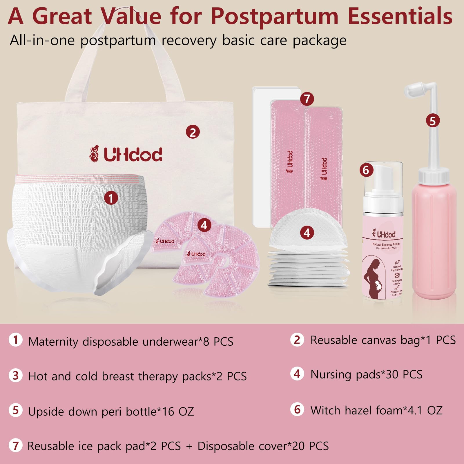 UHdod Kit esencial posparto para el parto, kit posparto, kit de recuperación de cuidado posparto, ropa interior desechable y paquetes de hielo, espuma refrescante, botella peri boca abajo,