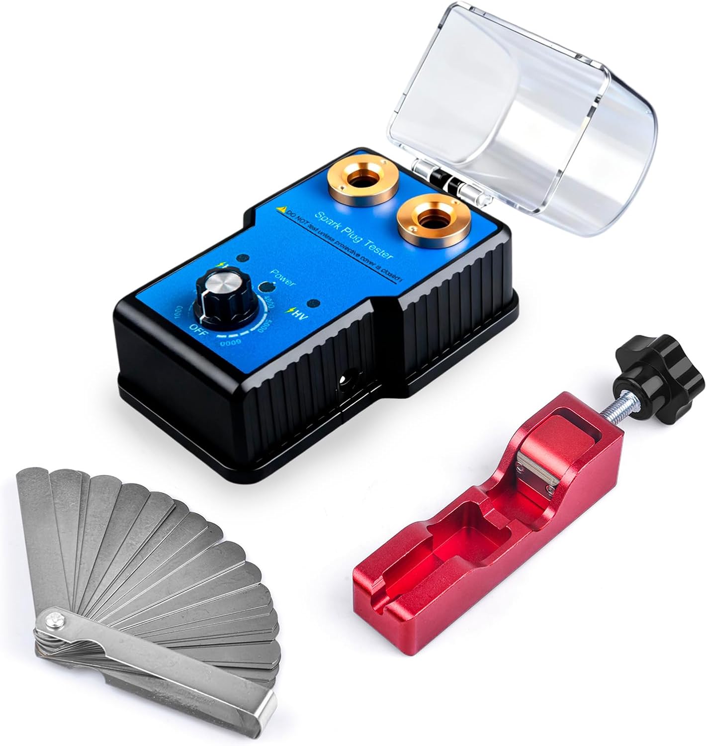 Spark Plug Tester & Spark Plug Gap Tool Kit 0 to 6000RPM with Double Hole Spark Plug Adjustable Gap Tool with Feeler Gauge Ignition Coil Tester for 12V Gasoline Vehicles Spark Plug Socket