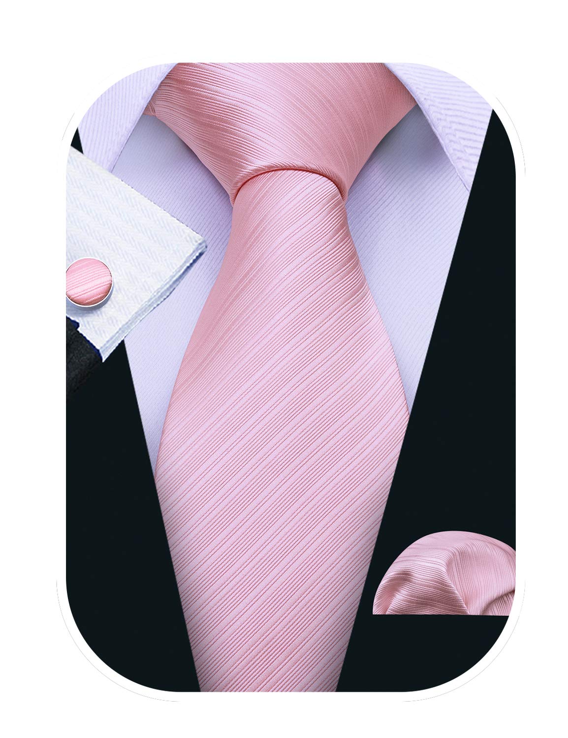 Barry.Wang Stripe Men Ties Set Classic WOVEN Necktie with Handkerchief Cufflinks Formal, Bright Pink, One size