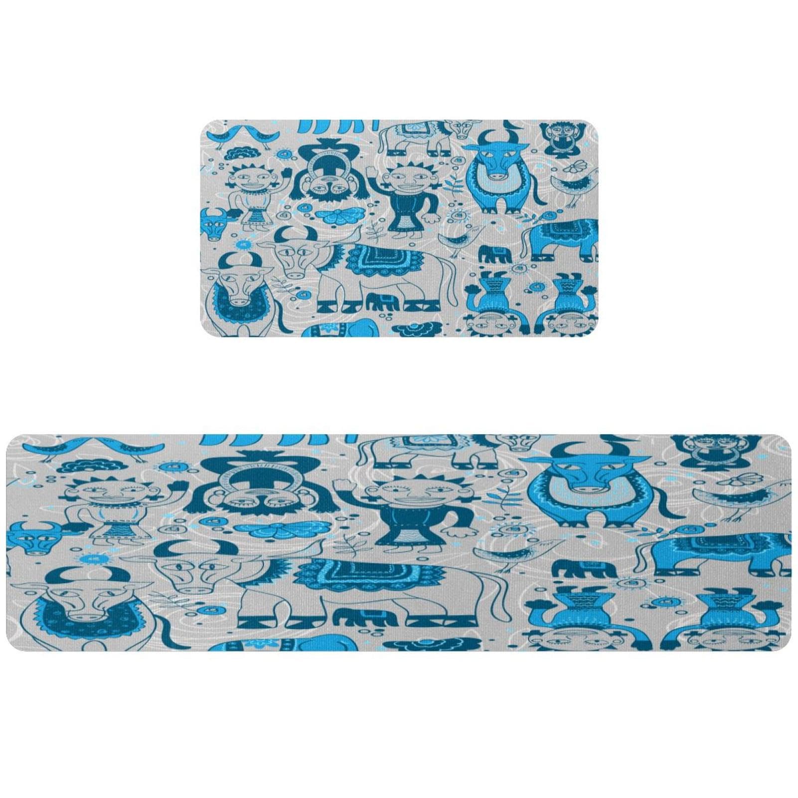 Alfombrillas de cocina antideslizantes azules abstractas vacas lavables VAPOKF