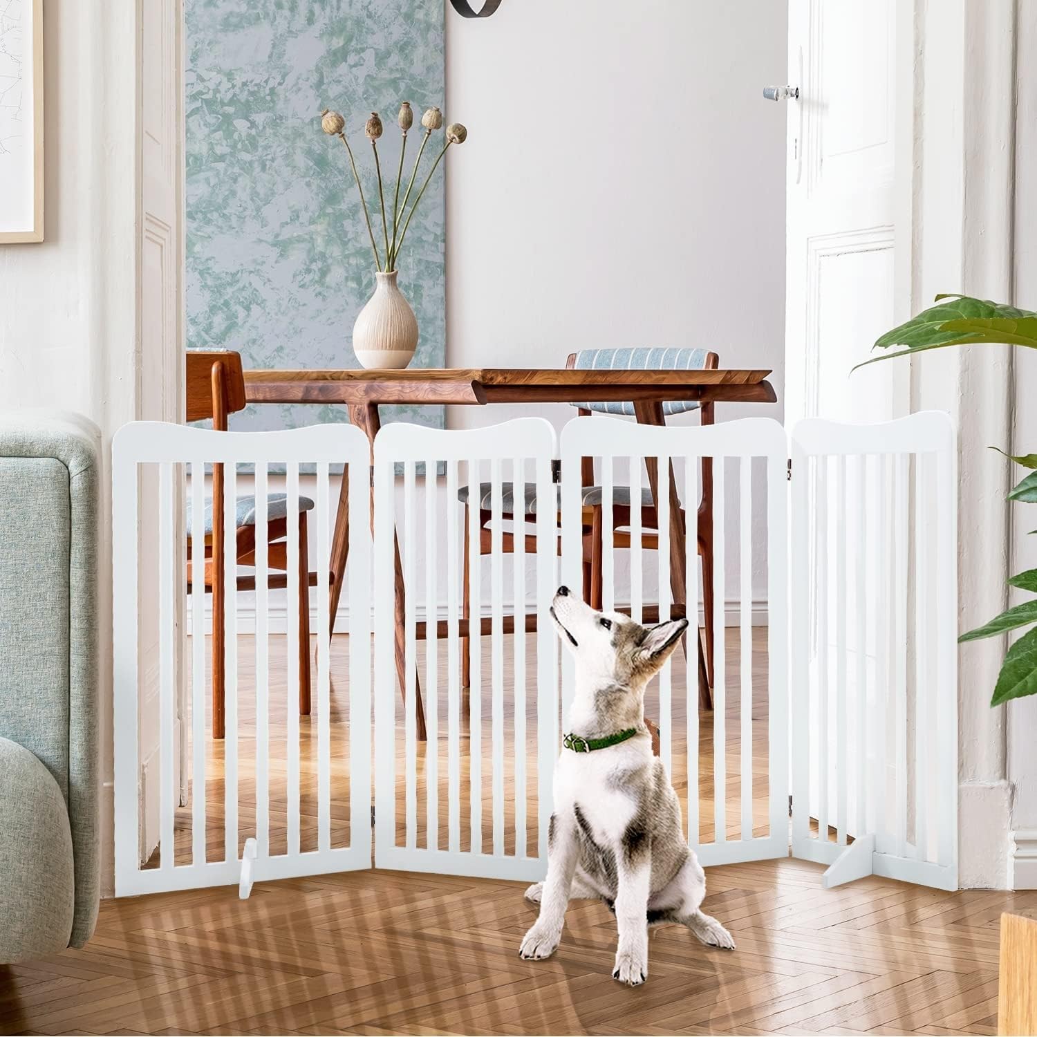 EMIWUD FURNITUE Wooden Foldable Freestanding Pet Gate | Fence for Doorways and Stairs - Puppy Safety Barrier | Indoor Dog Room Partition (White, Large (4Pannel))