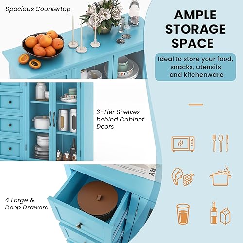 Miniatura 6 de LOKO Aparador de buffet, armario de almacenamiento de cocina, armario de 2 puertas con 4 cajones, estante ajustable y dispositivo antivuelco,