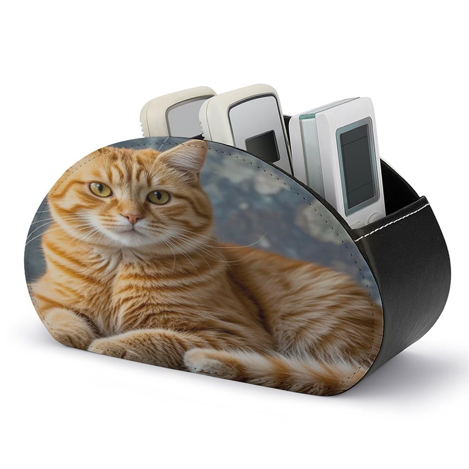 LZQPOEAS Cat Remote Control Holder with 5 Compartments PU Leather Remote Organizer Box Caddy for Table Nightstand Remote Caddy Desktop Organizer Fits Media Controllers