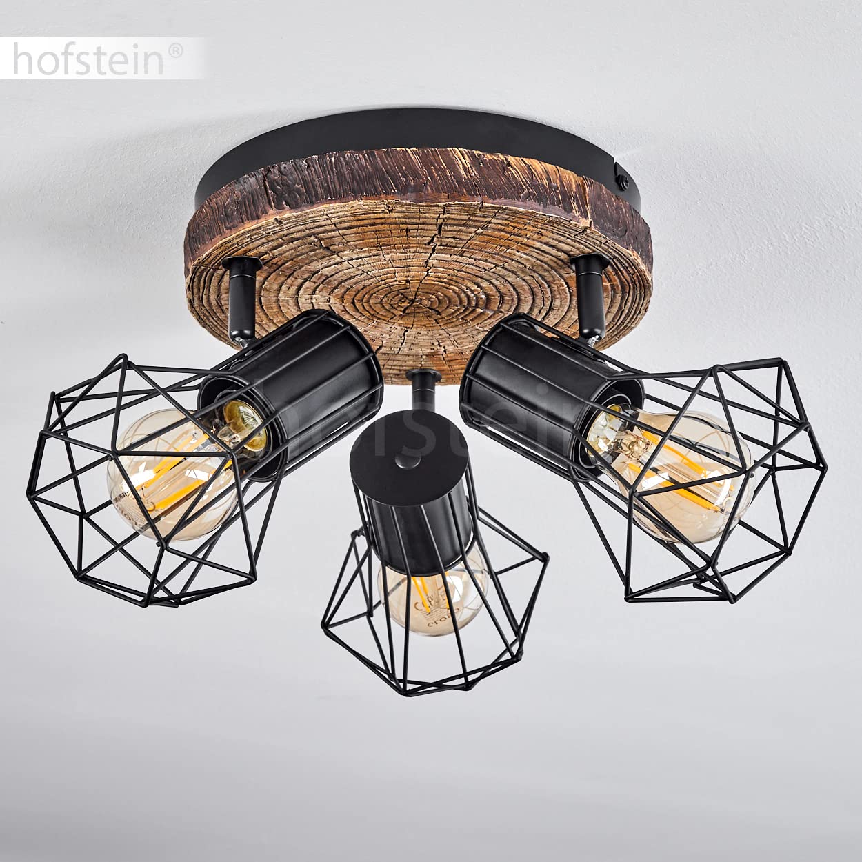 Lampa sufitowa Bardhaman, lampa sufitowa z metalu w optyce czarnej/drewna, spot w stylu retro/vintage z regulowanymi kloszami w optyce kraty z efektem świetlnym, 3 żarówki, gniazdo E27, bez żarówek