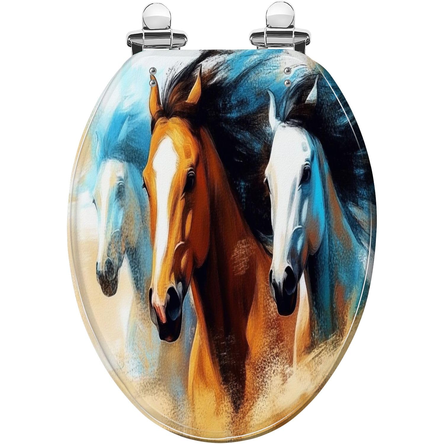 Asiento de inodoro alargado de resina con manada de caballos salvajes, cierre silencioso, bisagras de liberación rápida, cubierta decorativa, fácil de instalar