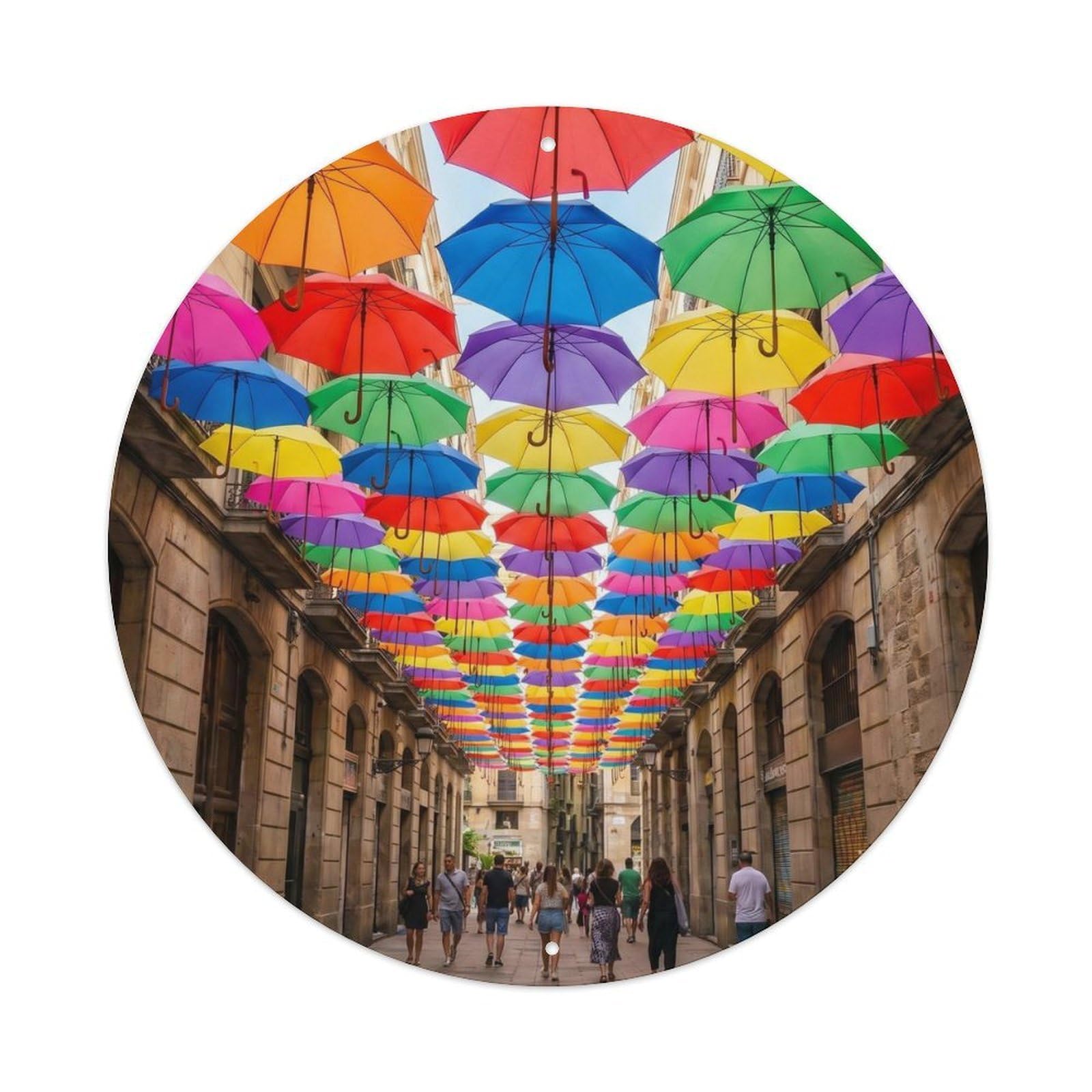 Barcelona Umbrella Street Catalan Retro Travel Spanish Cityscape Metal Tin Sign Plaque Wall Decor for Cafe, Man Cave, Club Bar, Office, Home Garden Round Metal Poster 8x8Inch