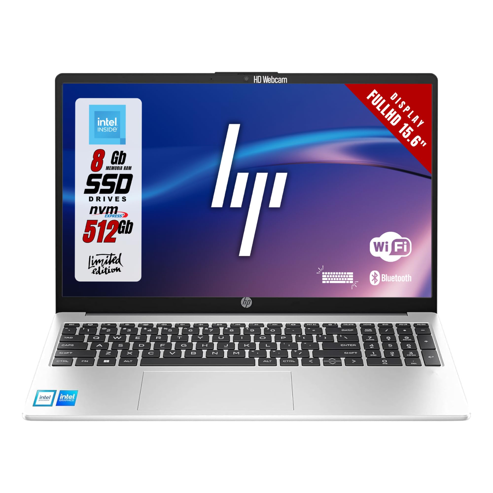 HP 250 G10 Notebook, Cpu Intel N100 4 Core fino a 3,4 GHz, Ram 8Gb SSD 512Gb, Display FullHD 15.6", Pc Portatile con Tastiera retroilluminata, Win 11 Pro, Garanzia Italia