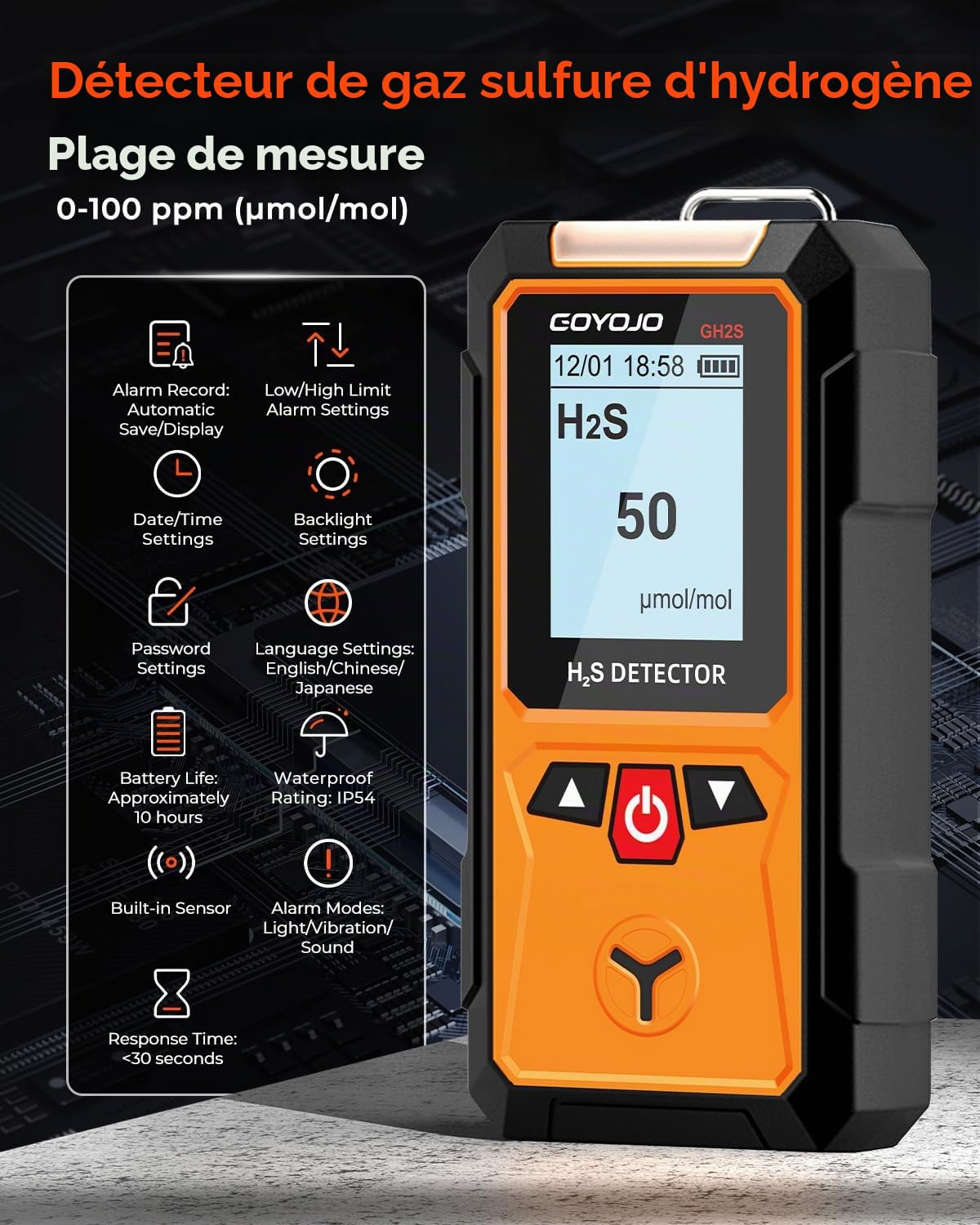 Détecteur de Gaz GOYOJO, Surveillant de Gaz D'hydrogène Sulfuré de 0 à 100 ppm (μmol/mol), Capteur Électrochimique H₂S avec Alarmes Sonores et Visuelles et Écran LCD